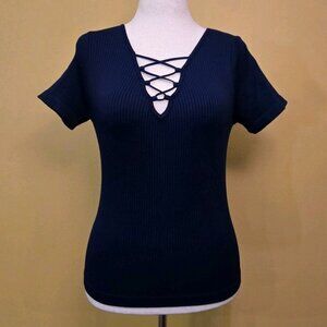 Active Basic Lace Up Ribbed Top‎ Short Sleeve Med Large USA Blue Womens Short